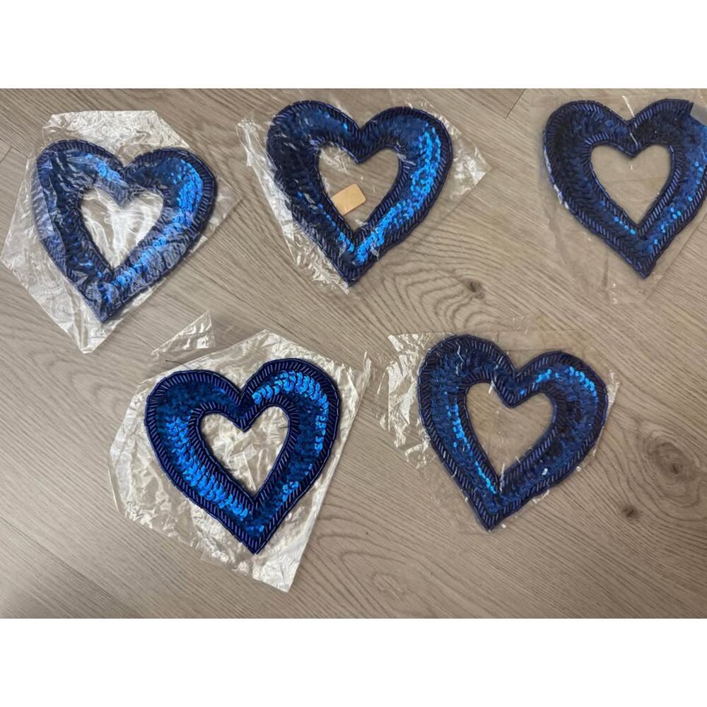 New Blue Sequin Beaded Cut Out Heart Appliqué Patch 4.5” - Lot of 5